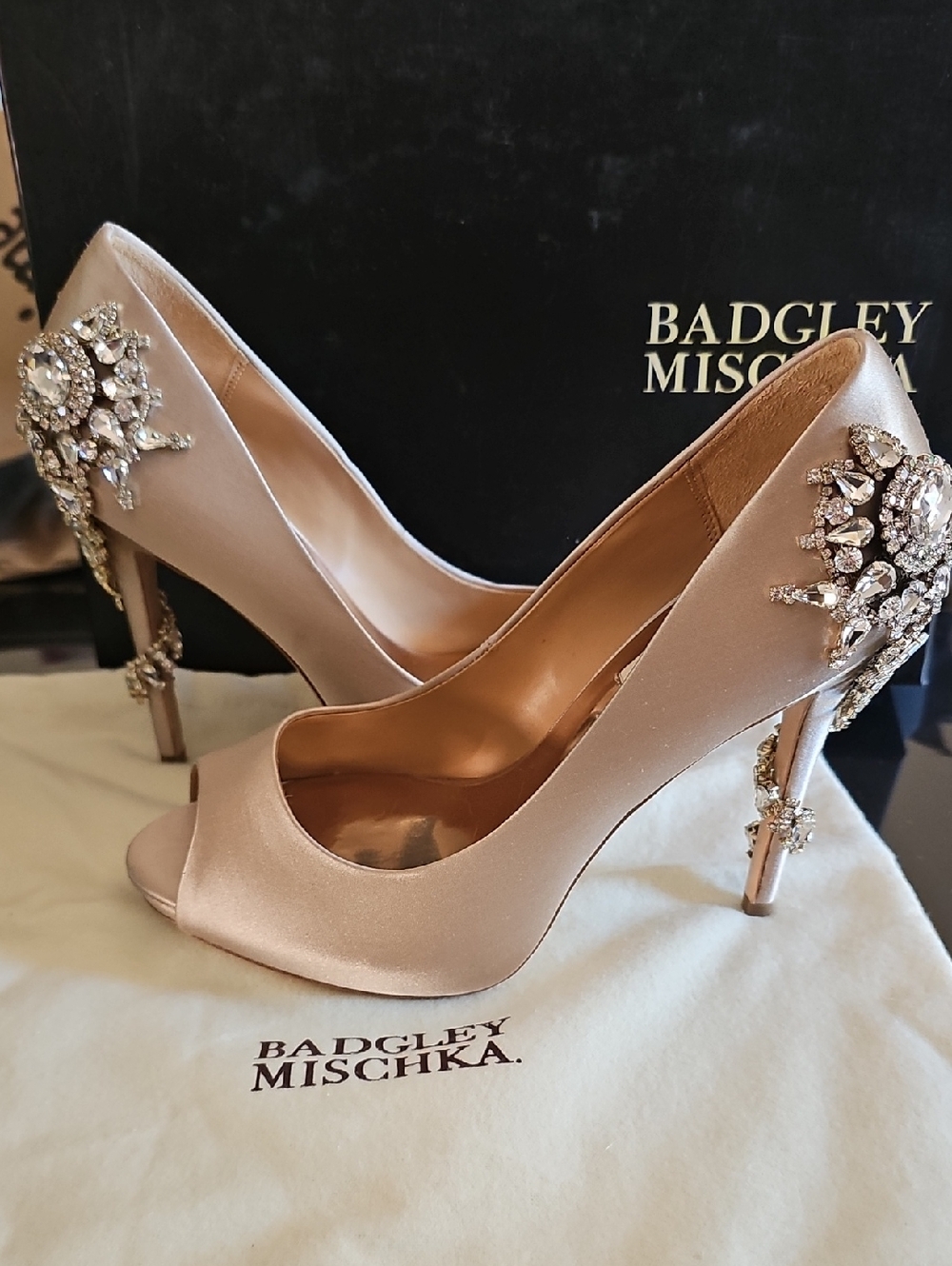 Badgley Mischka Rose Gold Satin Peep-Toe Heels with Crystal Heel Cluster